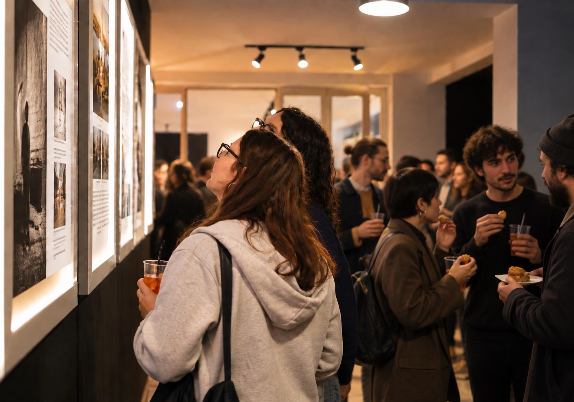 Persone con un bicchiere in mano guardano le fotografie esposte lungo una parete, altre chiacchierano mangiando qualcosa